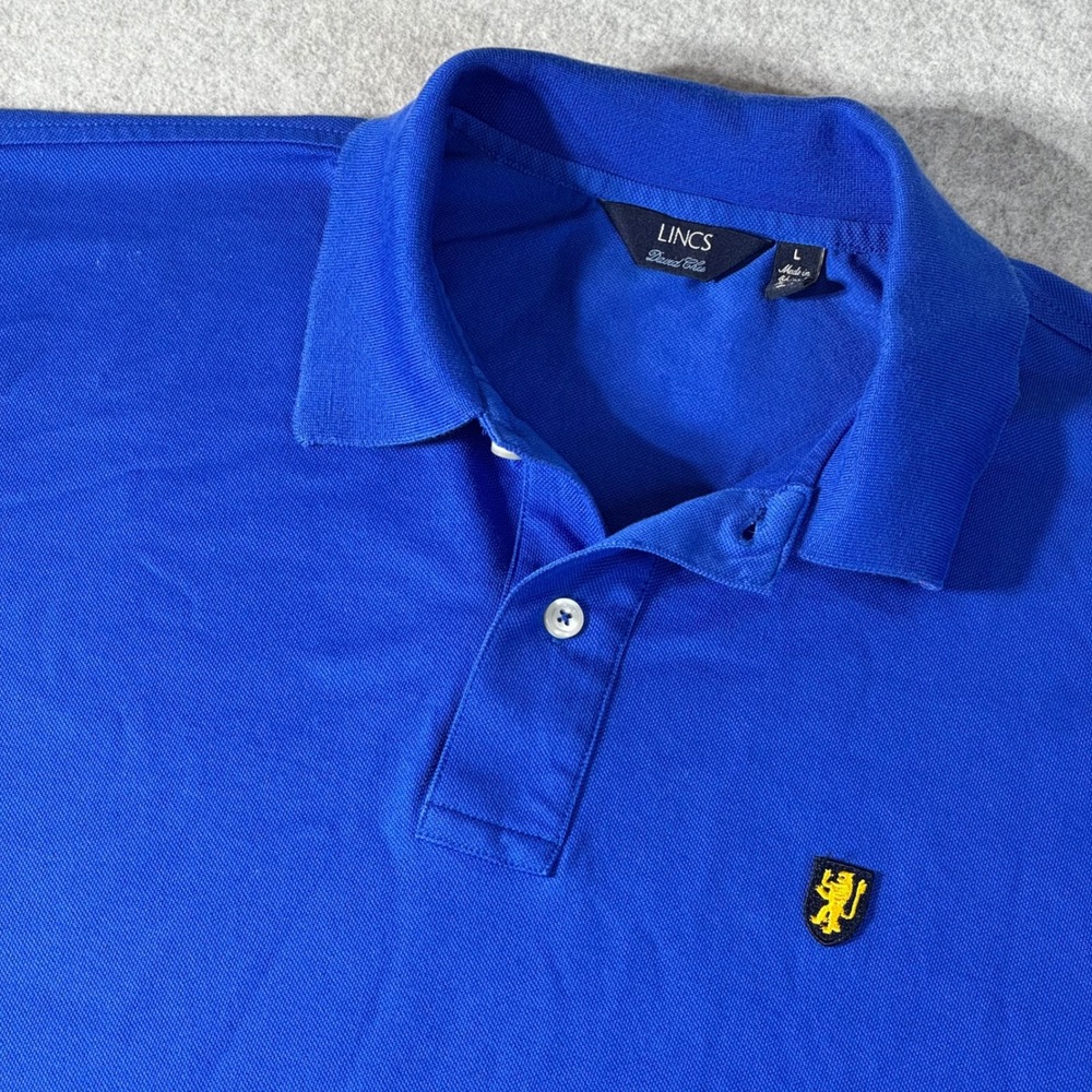 Lincs David Chu Mens Blue Pique Polo Shirt Lion Crest Size Large